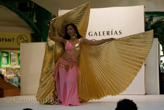 Ale viste traje calado rosa con oro, falda circular y alas de isis lamé oro