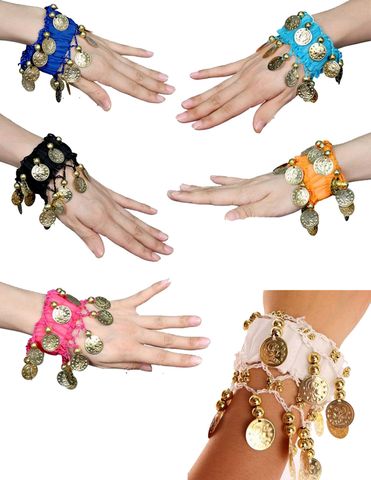 Brazalete tejido en shiffon con resorte para ajuste perfecto,tejido y monedas, se elabora en cualquier color, combinan con las del tobillo y cuello $60 el par
