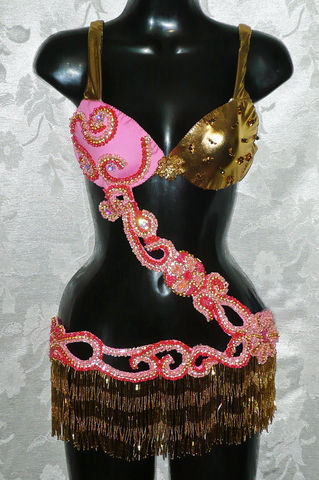 Traje calado coral-rosa-oro $2800
